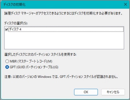 Windowsの”ディスクの初期化”画面スクリーンショット