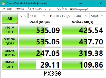 MX300 275GBのCrystalDiskMark測定結果