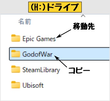 Epic Games 移動先とコピー先のスクリーンショット