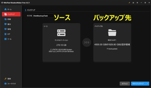 MiniTool ShadowMaker Free バックアップソースとバックアップ先選択画面スクリーンショット